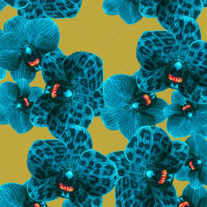 Teal Mustard Orchid Pattern 30x30 From Amazonica Collection- Lola Valentina High End Table Linen Rental