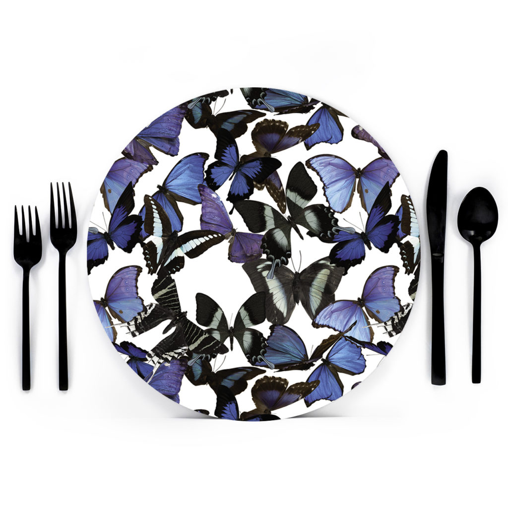 Morphini Placemat Charger from Butterfly Collection- Lola Valentina High End Table Linen Rental
