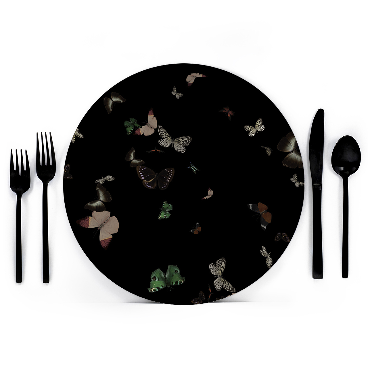 Black Butterflies Placemat Charger from Butterfly Collection- Lola Valentina High End Table Linen Rental