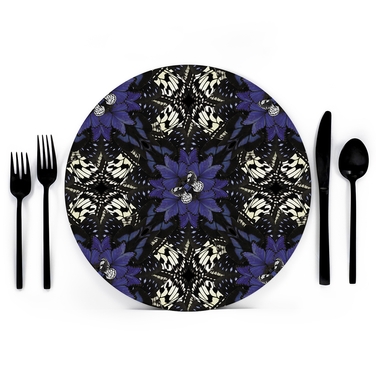 Blue Kaleidoscope Placemat Charger from Butterfly Collection- Lola Valentina High End Table Linen Rental