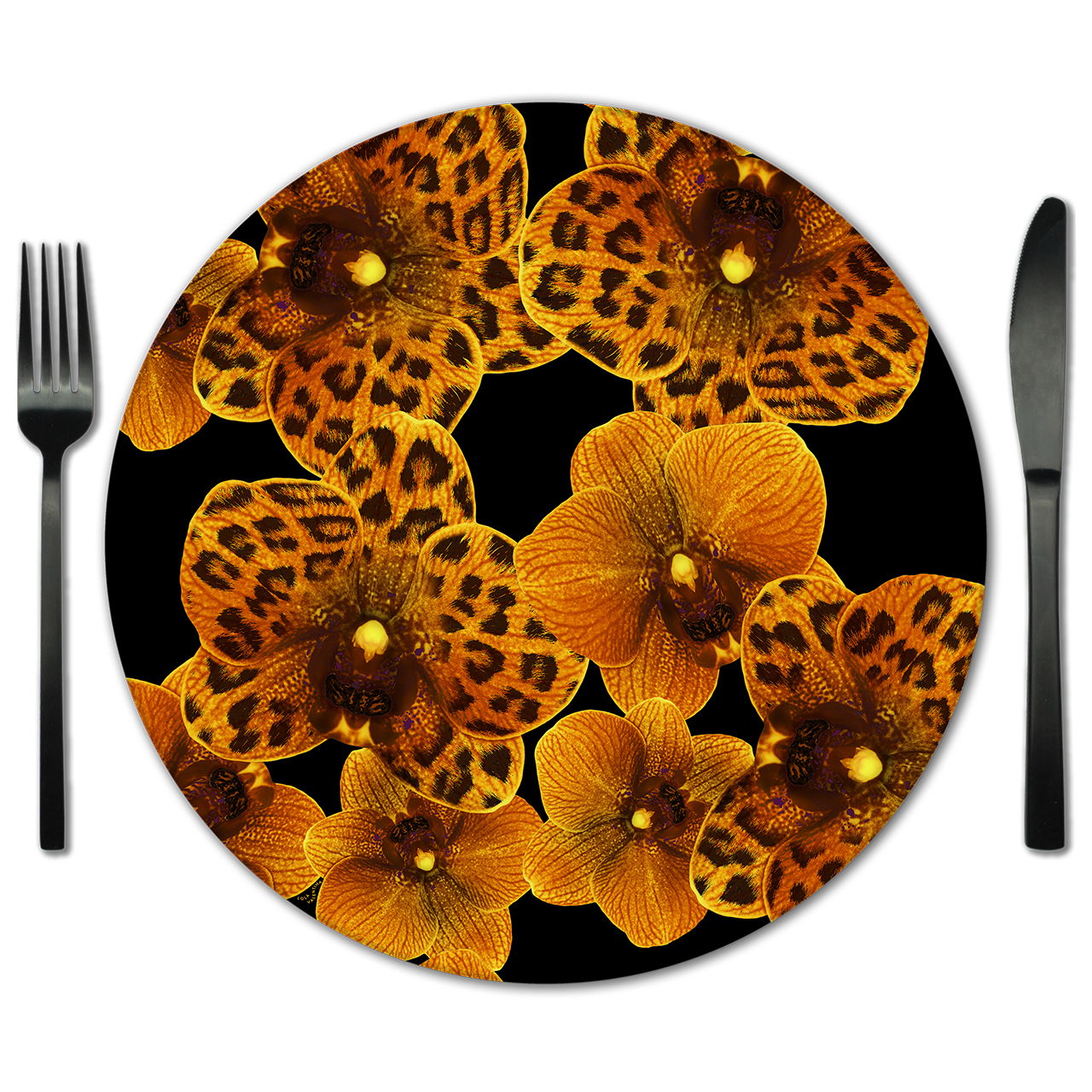 Orange Black Orchid Placemat Charger from Amazonica Collection- Lola Valentina High End Table Linen Rental