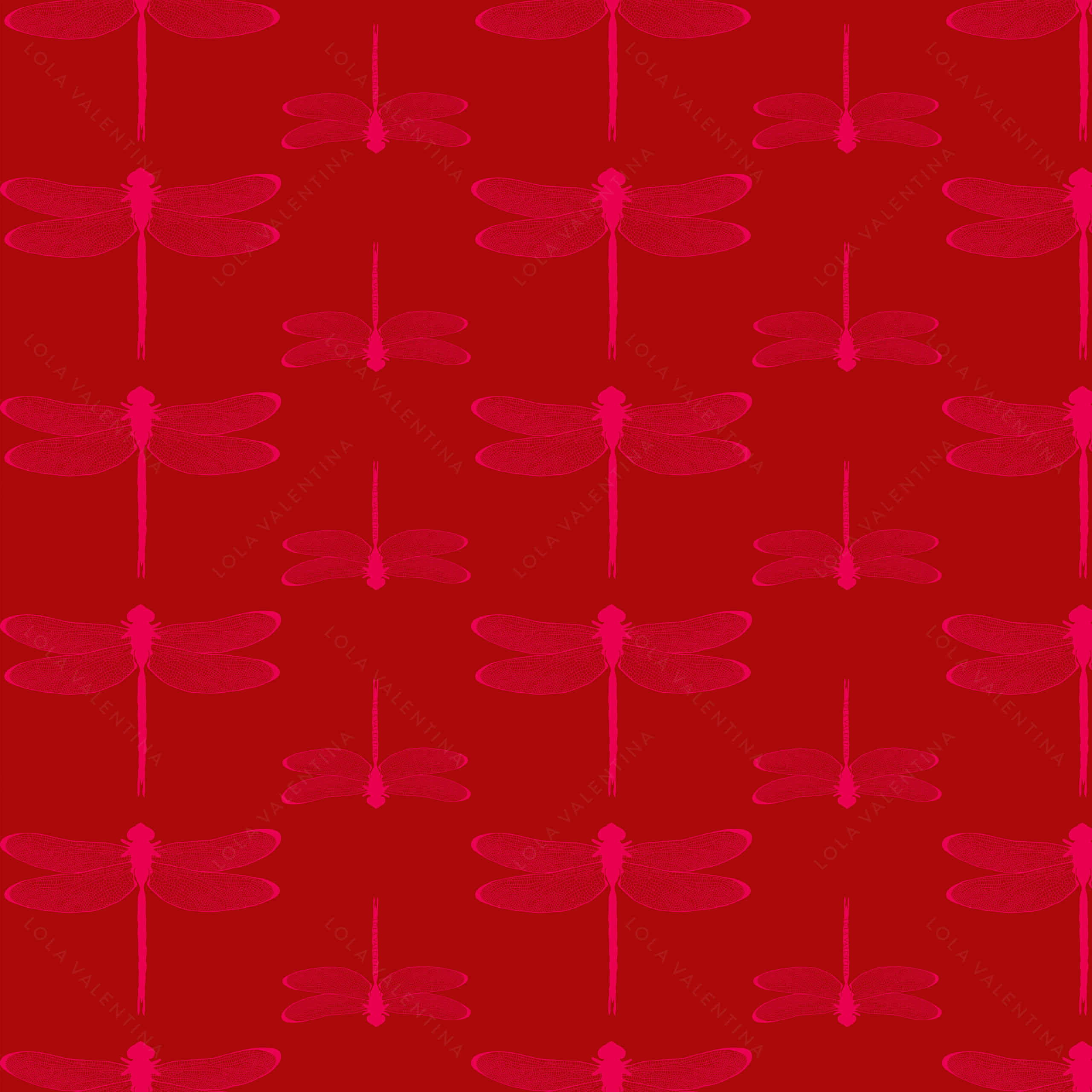 Hot Pink Cherry Dragonfly Pattern 30x30 From Amazonica Collection- Lola Valentina High End Table Linen Rental