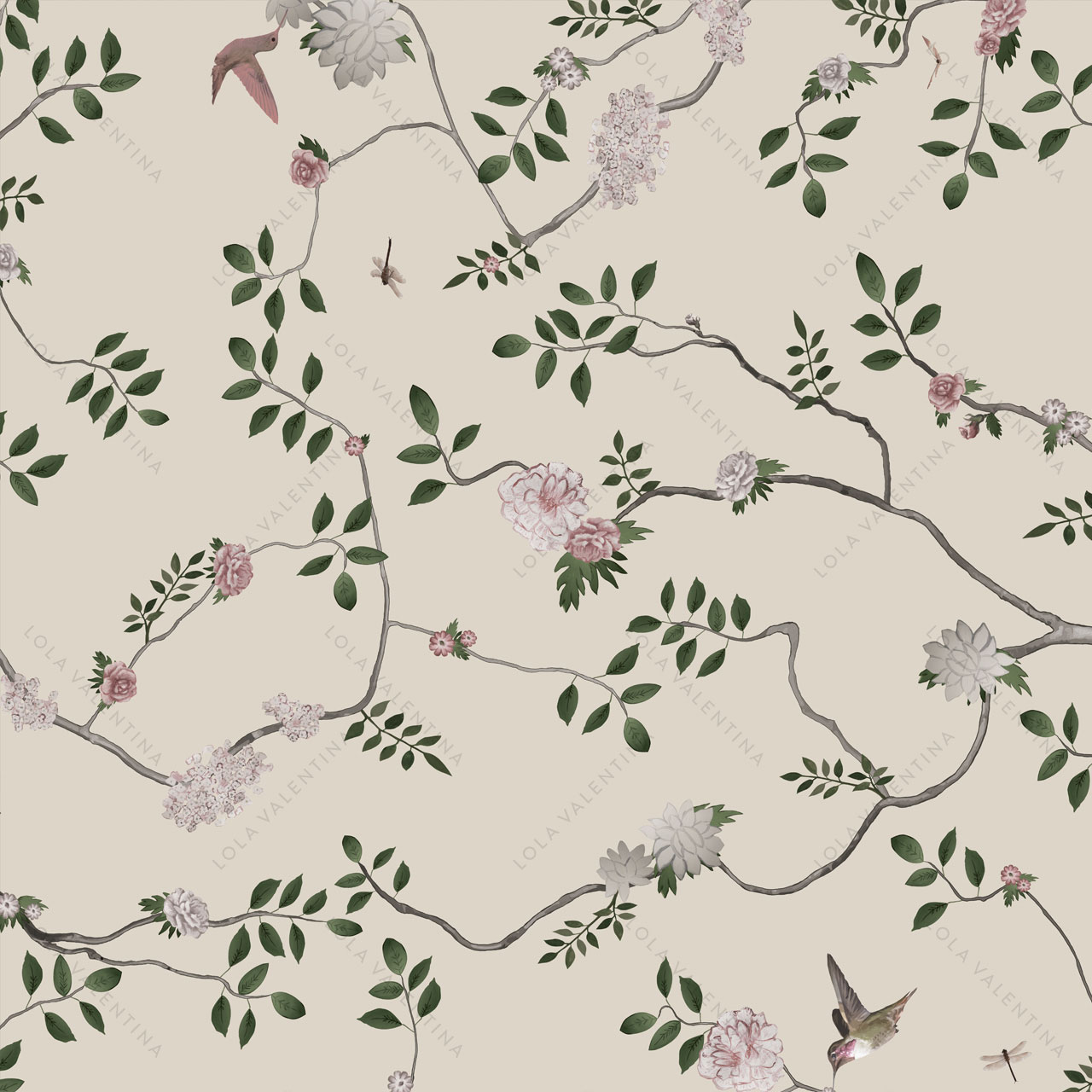 Cream-Ivory-Flor-Floral-Branches-Birds-Flowers-Garden-Pattern