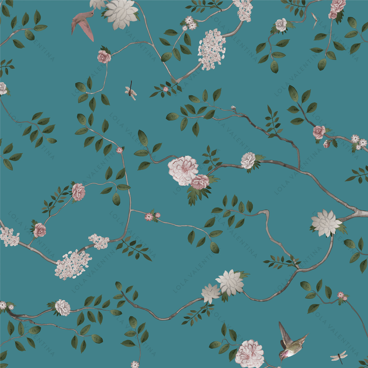 Teal-Blue-Green-Flor-Floral-Branches-Birds-Flowers-Garden-Pattern