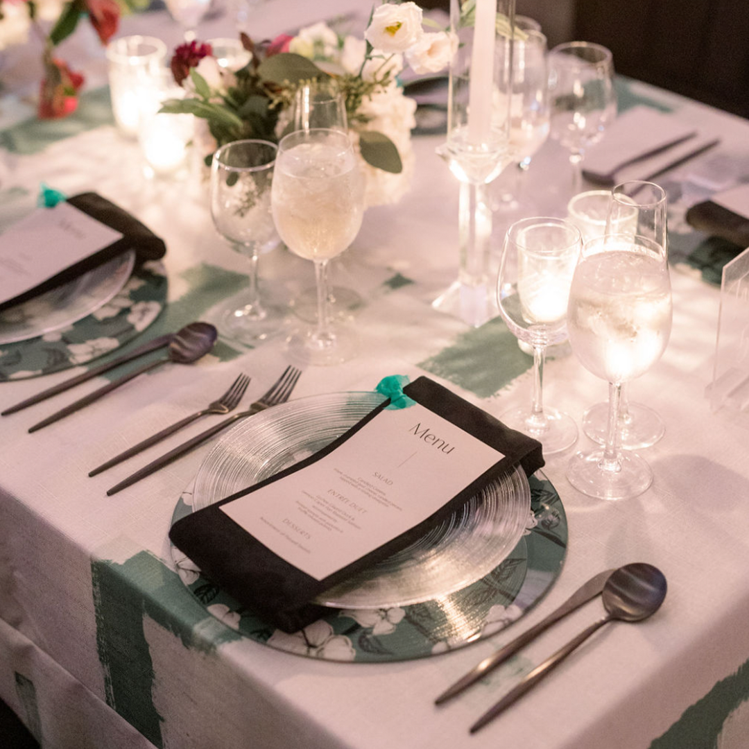 Green Abstract Linen and Floral Placemat Charger