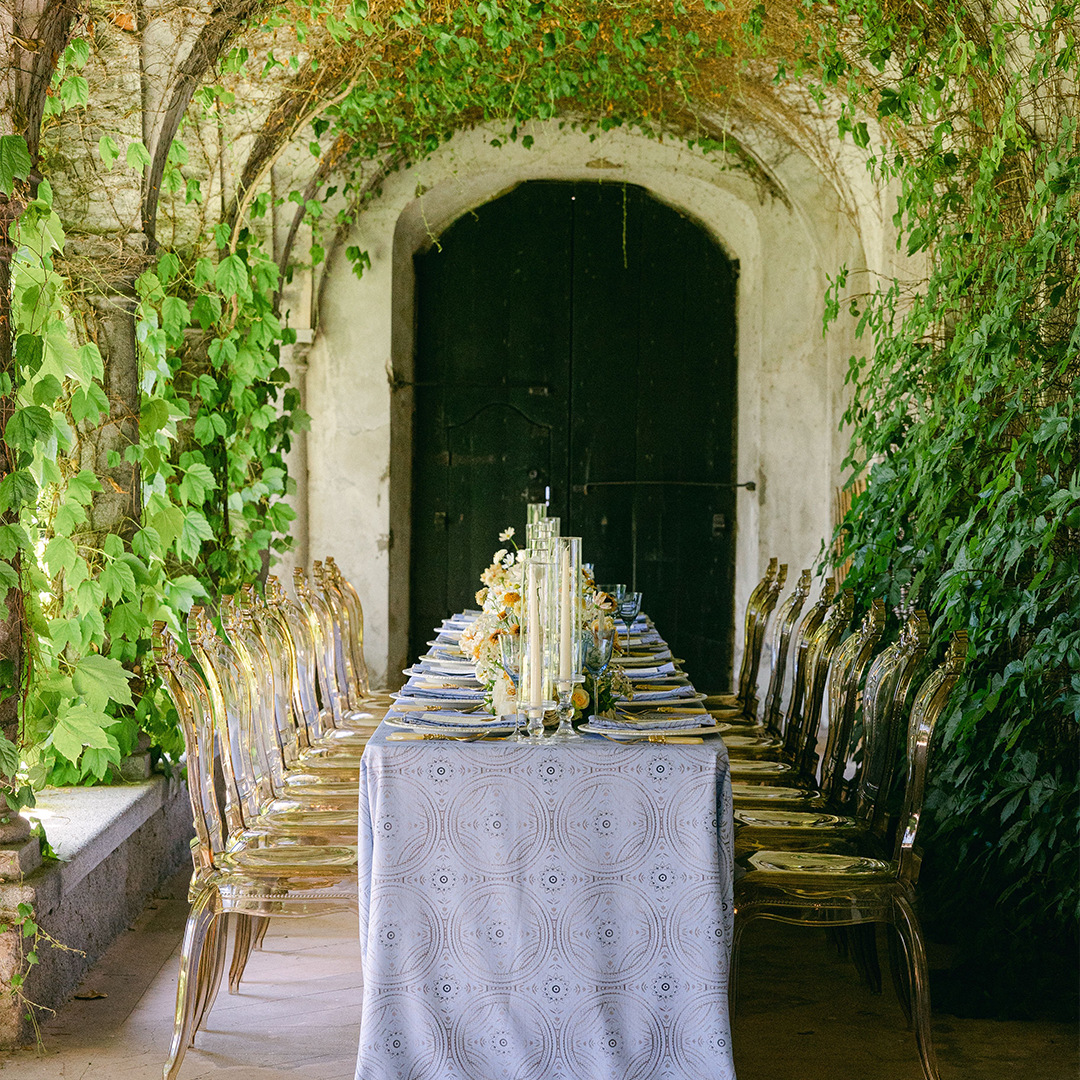 light blue medallion table linen