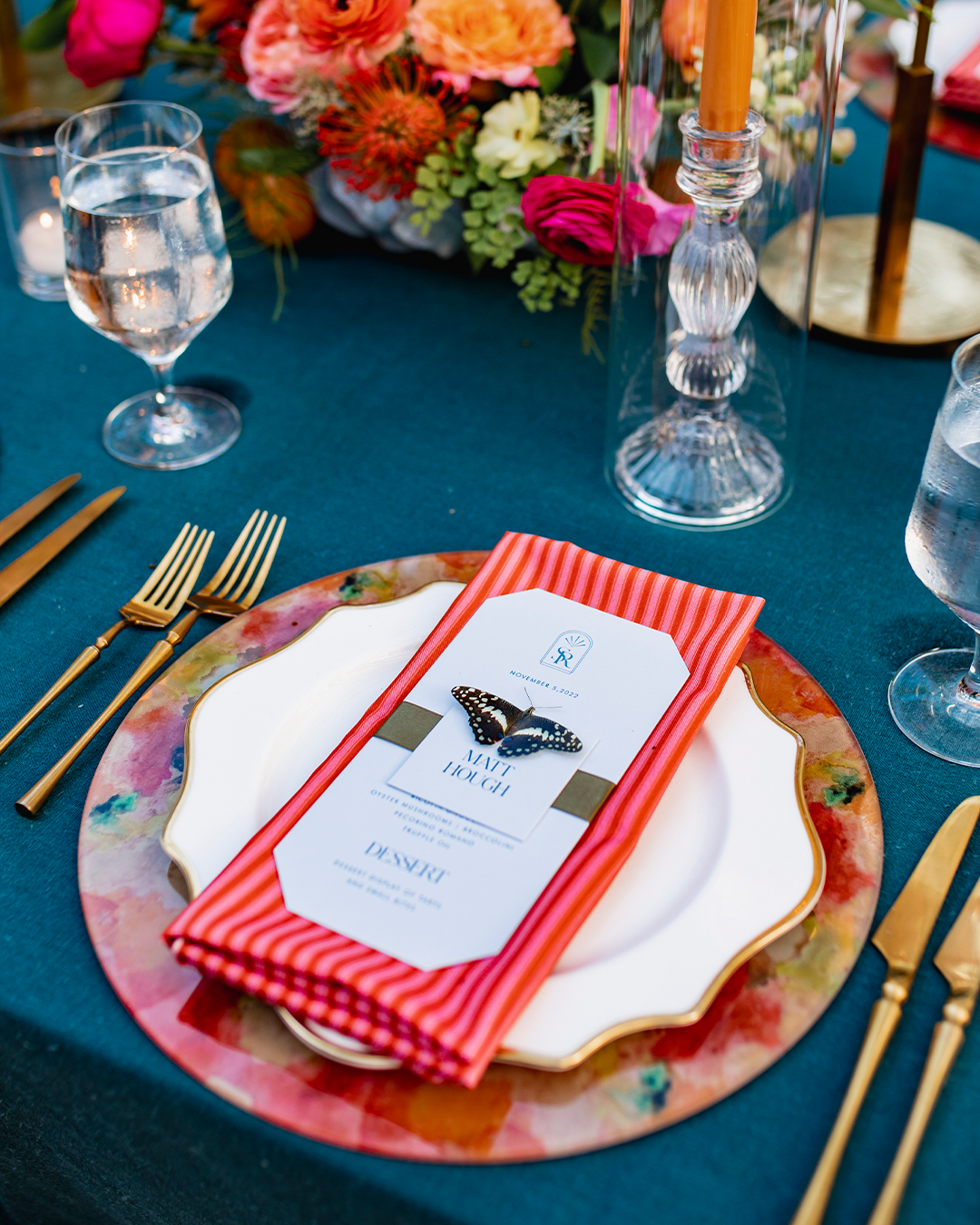 bold burnt orange striped napkin and custom placemat charger