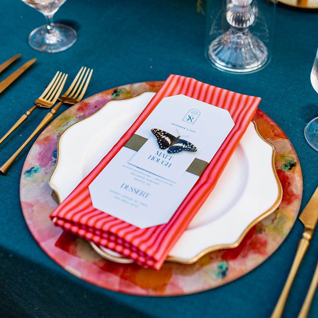 burnt orange ticking stripes napkins and custom placemat charger