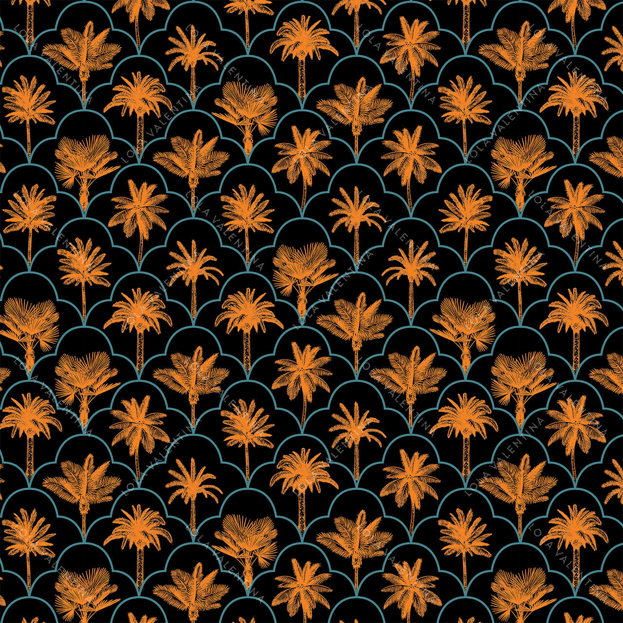 Orange-Teal-Biscayne-Pattern-30x30-From-Deco-Collection-Lola-Valentina-High-End-Linen-Rental