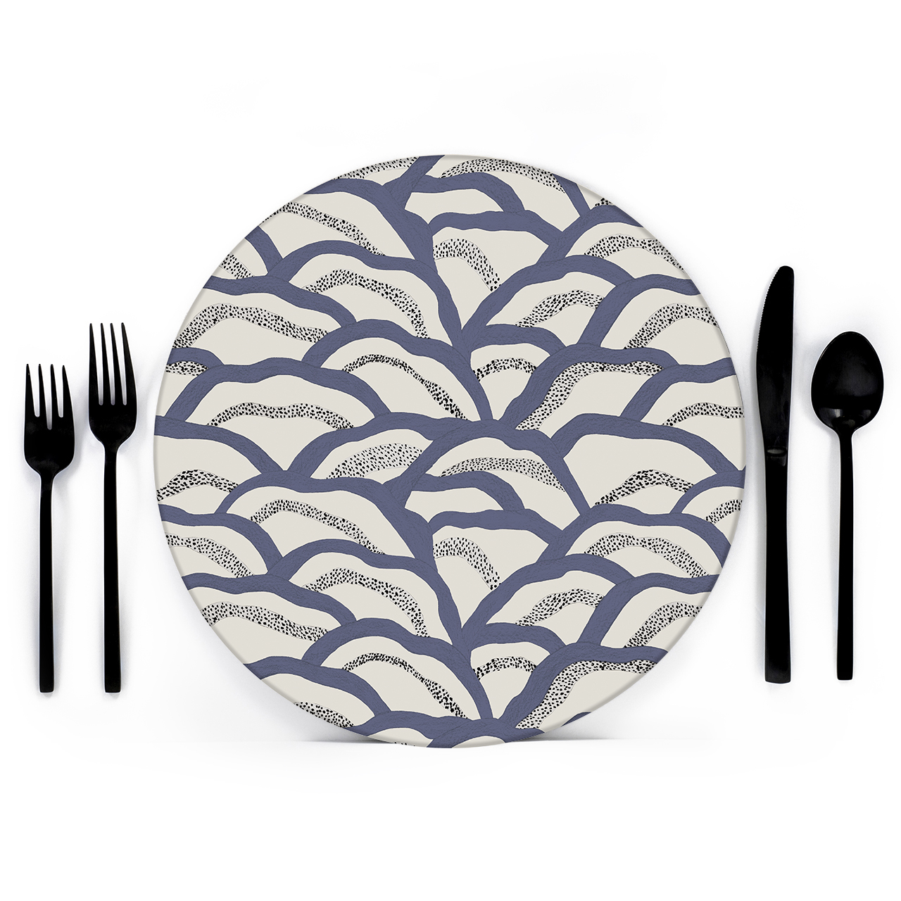 French-Blue-Nami-Placemat-Oriental-Collection-Mock-Up-Lola-Valentina Lola Valentina French Blue Nami Charger Placemat from Oriental Collection with Organic Wave Forms and Black Dots