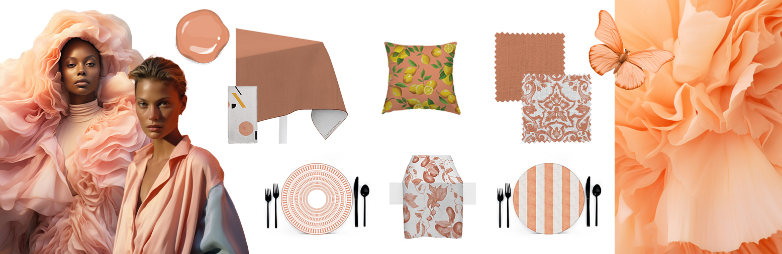 Pantone-Color-Of-The-Year-Peach-Fuzz-2024-Mood-board-Lola-Valentina-Pillow-Table-Linen-Chargers-Placemats